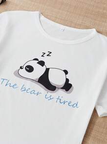 Conjunto de pijama de 3 piezas con estampado de panda, que incluye camiseta de manga corta de cuello redondo, shorts de cintura elástica, pantalones casuales, ropa de dormir y de estar en casa cómoda para mujer