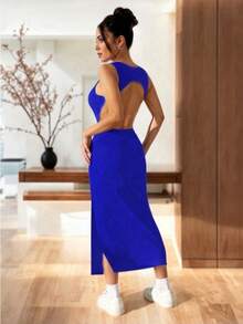 Long Fitted Off-The-Shoulder Dress With Leg Opening And Open Back - 藍色 - 查看 2