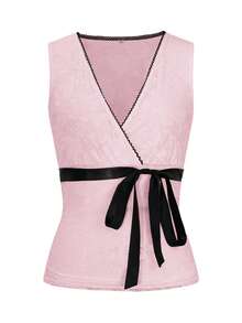 Y2K Summer Ladies Out Dating Lace Color Patchwork Collar Waist Bow Lace-Up Top - Baby Pink - View 3