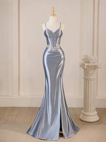 Ice Blue Spaghetti Strap Lace Patchwork Elegant Bodycon Mermaid Maxi Dress, Evening Gown, Halloween Women Costume, Formal, Party Dress, For Wedding Guest - Blue - View 1