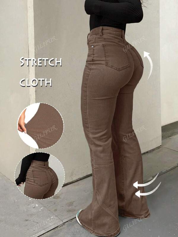 Bootcut Women Jeans Solid Color High Slim Fit Waist Stretch Casual Versatile