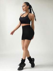 1pc Seamless Tight Sports Yoga Skirt, Figure Flattering, Fashion For Spring & Summer - Black - View 3