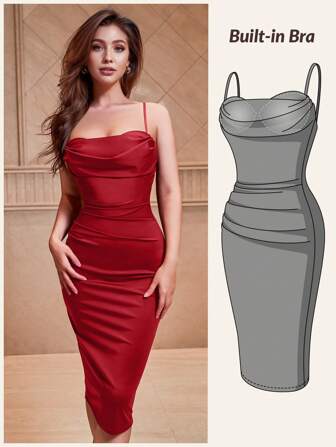 CurvySweet Elegant Bodycon Sleek Draped Neckline Midi Straps Dress With Built-In Bra,Christmas