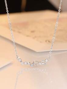 1pc Exquisite Fashionable S925 Sterling Silver Zirconia Crystal Bow Pendant Necklace, Charming Delicate Clavicle Chain Jewelry Gift For Mom, Wife, Daughter On Birthday, Christmas, Mother's Day, Anniversary - 1.8g - Silver - View 4