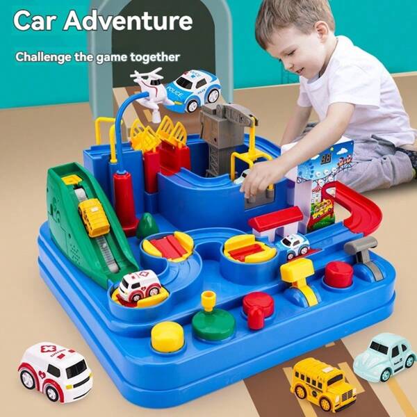 Juguete educativo interactivo con modelo en miniatura de tren, lote de estacionamiento y escena de accidente de auto, regalo de cumpleaños para niños