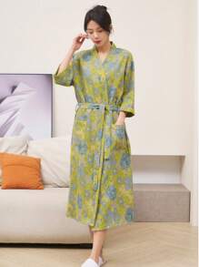 1 Stück langer, vintage Blumenmuster Bademantel, Gaze Bademantel, saugfähig und schnelltrocknend, Damen Bademantel, geeignet als Handtuchmantel, Frühlings/Sommer Nachtwäsche, doppellagige Gaze, Bad- und Heimbedarf Badezimmer Dekoration Schulanfang