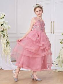 Tween Girls Elegant Floral Embroidery Pageant Wedding Prom Party Birthday Graduation Bridesmaid Cocktail Ruffle Mesh Princess Dress - Pink - View 7