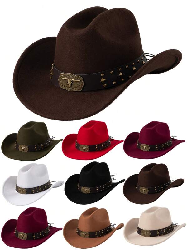 1pc Solid Color Casual Vintage Polyester (Polyester) Animal Shaped Cowboy Hat With Retro 3D Copper Bull Head Badge, Square Rivet, Round Rivet, Yellow Stone Element Leather Strap, American Western Wide Brim Cowboy Hat