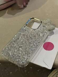 闪亮银色亮片手机壳搭配奢华水钻蝴蝶结，兼容iPhone17/16/15/14/13/12/11系列，可爱时尚，日韩风格酷炫，送女友或闺蜜节日礼物 - 銀色 - 查看 6
