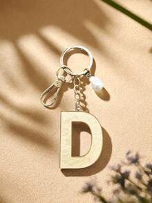 Alloy Letter Acrylic Inlay Keychain, Faux Pearl Shell Pendant Bag & Jeans Accessory, Gift For Friends And Classmates - Golden - View 6