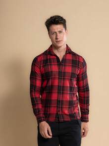 Men's Plaid Shirt, Long Sleeve, Party, São João - Đỏ - Xem 4