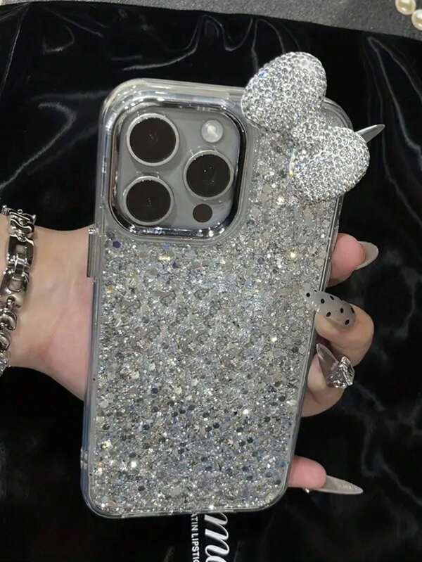 Bow-Knot Shiny Silver Sequin Phone Case With Matching Luxury Rhinestone Bow Compatible With IPhone16/15/14/13/12/11 Series, Cute And Fashionable, Japan And South Korea Style Cool, Send Girlfriend Or Girlfriends Holiday Gifts