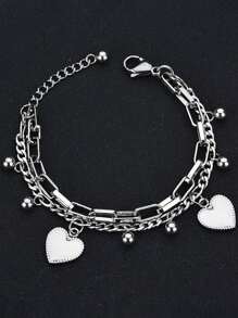 1pc Unisex Couple Bracelet, Vintage Fashionable Double-Layer Heart Design, Multi-Element Chain, Personalized Street Hip-Hop Luxury Titanium Steel Bracelet Accessories