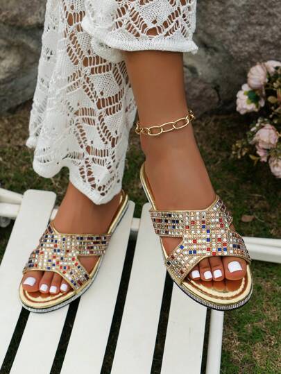 1 Pair Shiny Bohemian PU Leather Geometric Pattern Slip-On Sandals, Lightweight, Comfortable, Non-Slip, Suitable For Beach, Wedding, Party, Outdoor Activities, Spring/Summer
