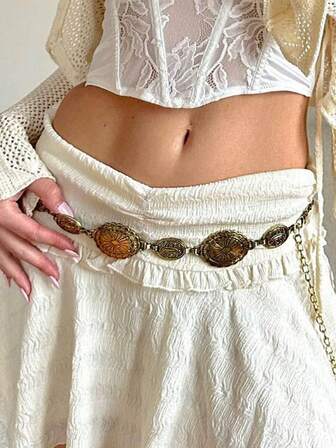 1 件复古波西米亚椭圆形硬币扣个性化时尚腰链，金色金属西部牛仔风格身体链，适合女性