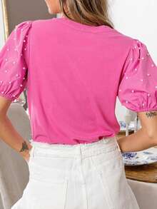 Acelitt Women's Pink Pearl Decor Knit Ribbed Petal Sleeve Round Neck Top, Fashionable And Elegant For Summer Casual - Pink - View 2