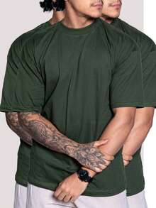 Kit 3 Oversized T-Shirts Streetwear Shirt Mid-Length Collar 100% Cotton Casual Hip Hop Trap Skate - 3 綠色 - 查看 1