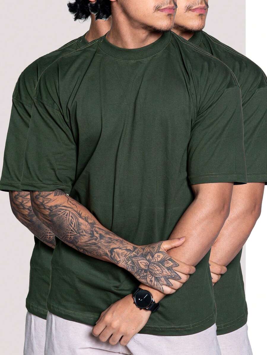 Kit 3 Oversized T-Shirts Streetwear Shirt Mid-Length Collar 100% Cotton Casual Hip Hop Trap Skate - 3 綠色 - 查看 1