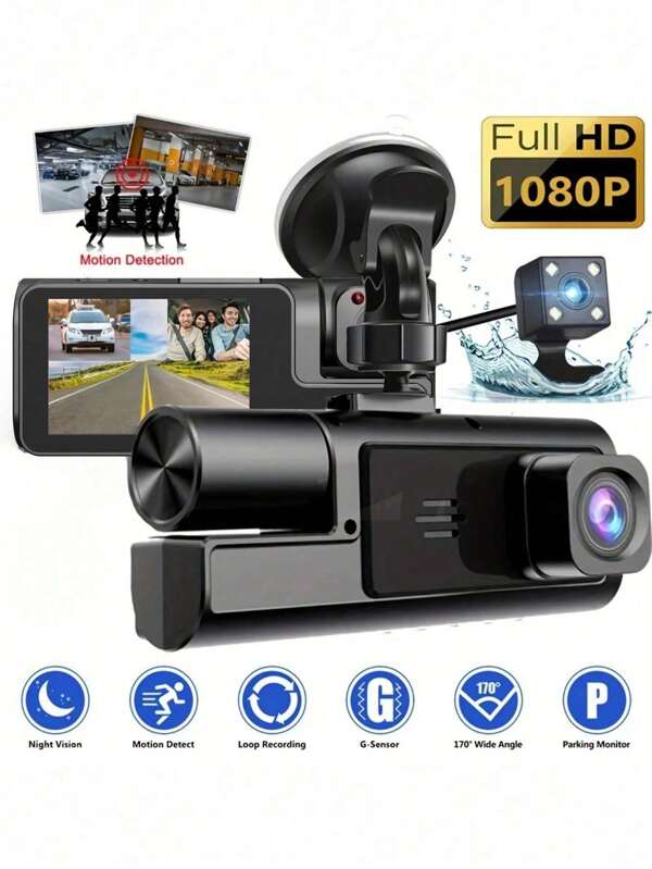 ZKCAMSPY Kamera für Fahrzeuge, 3 Linsen, 1080P Videoaufnahme, 2 Zoll Rückfahrkamera Schwarz Box, Autozubehör, Dashcam mit Rückfahrbildern, Parken, Dual-Linse, Nachtsicht Videorekorder