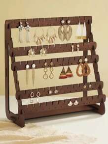 1 Pc Wooden Walnut Color Simple & Fashionable Multi-Layer Earring Organizer Rack, Jewelry Display Stand For Earrings & Summerhouse Storage Organizer Gift Back To School