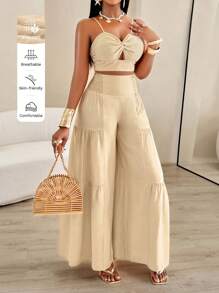 مجموعة قطعتين للنساء من اماريلو ب- توب حلقة ملفوفة وبنطال فضفاض واسع الساق لفصل الصيف