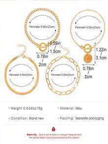 4pcs Boho Style Flat Snake Chain Adjustable Bracelets Set, Fashion Punk Date Gift For Women - Yellow Gold - View 4