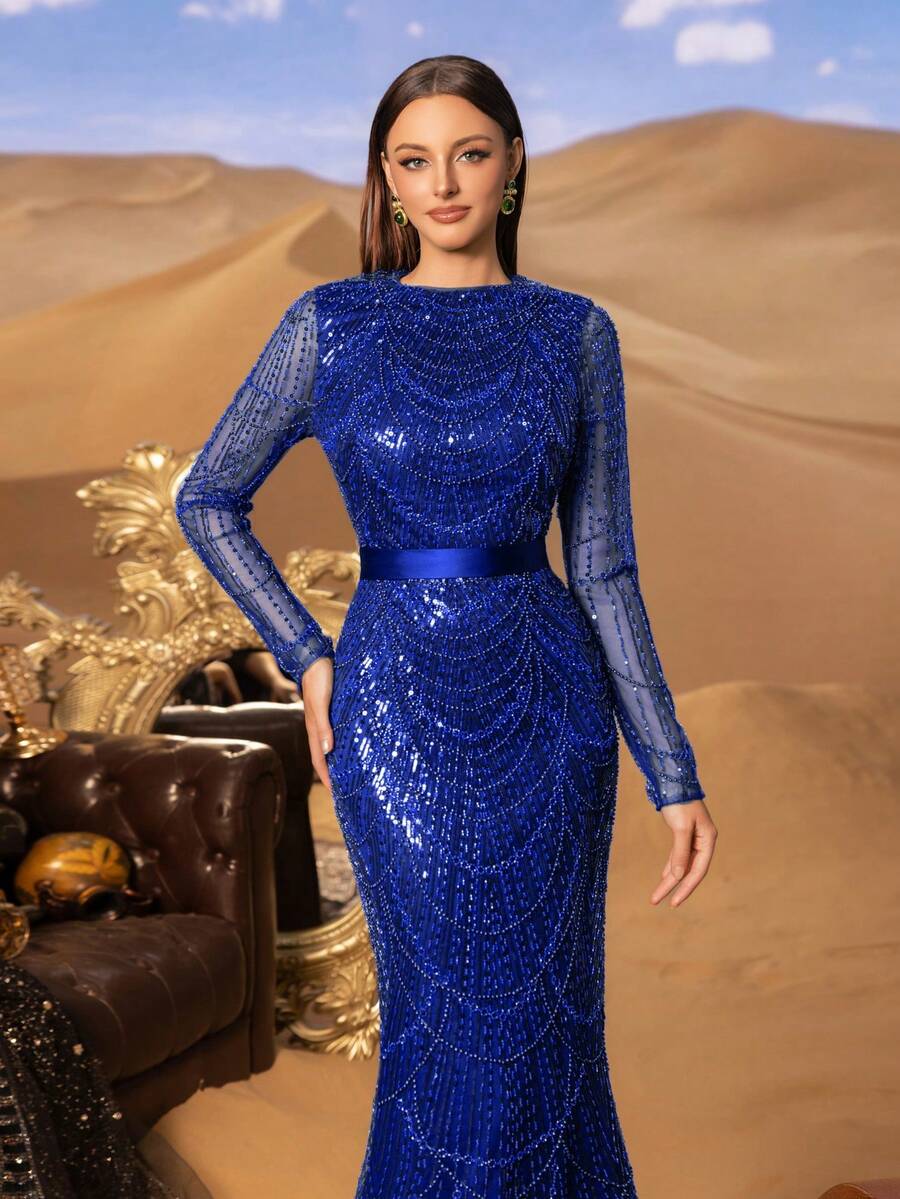 Faeriesty Haute Glamour Gorgeous Elegant Sequin-Beaded Evening Dress | Formal Dress For Luxury Weddings, Black-Tie Events, Birthday Women Outfits, Or Celebrity-Style Parties - 寶藍色 - 查看 1