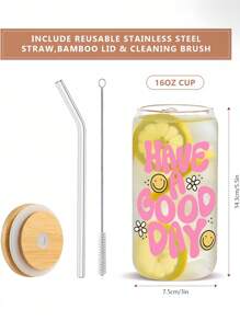 1 pieza, Vaso de vidrio con forma de lata de 16 onzas con tapa y pajita - perfecto para café con hielo, cerveza, jugo y leche - excelente regalo de cumpleaños y vajilla para disfrutar de un buen día