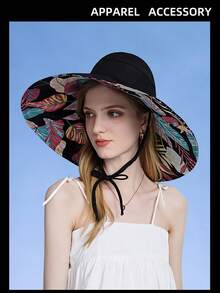 1pc Spring & Summer New Leaf Pattern Sun Hat, Ladies Half-Brimmed Ponytail Bucket Hat, Wide Brim - A - View 4