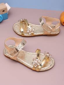 儿童时尚优雅夏季凉鞋，花朵装饰，平底休闲沙滩鞋，适合日常外出、度假旅行 - 香檳色 - 查看 11