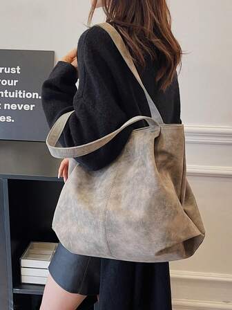 大容量手提包，复古风格仿皮手提包，带前袋，适合工作和旅行