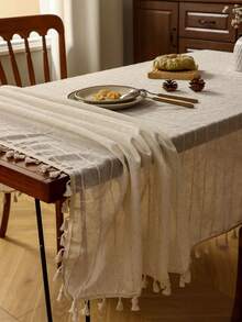 1pc Thickened Striped Linen Tablecloth With Tassels, Countryside Style Decor - Beige - View 1