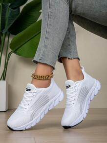 Sapatos Esportivos Brancos Simples Bordados De Malha Para Mulheres Com Sola Macia E Respirável Para Corrida