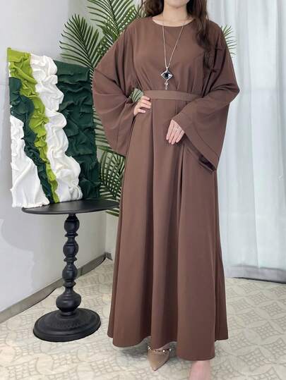 Solid Color Minimalist Elegant Women's Arabic Style Long Sleeve Abaya, Dignified And Proper