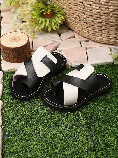 1 Pair Black Toddler Girls' Flat Sandals, Black & White PU Toe-Post Strap Round Toe Non-Slip Lightweight Fashionable Cute Roman Home Slippers, Suitable For Baby Boys & Girls Daily Casual, Party, Vacation, Spring/Summer 2026