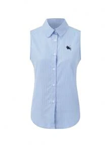 CMC Collared Blue Striped Contrast Embroidery Casual Slim Fit Sleeveless Cardigan Shirt For Women, New Arrival Summer