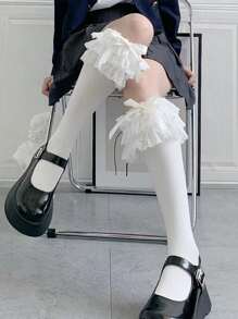 1pair Ladies' Multi-Layer Lace Edge Bow Knot Over Knee Socks