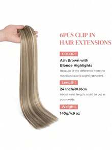 1-Piece 6 Pieces Clip Style Hair Extension With 16 Clips To Synthesize A 24 Inch Extended Straight Hair Extension (Gray Brown And Gold Highlights), Suitable For Women's Daily Use