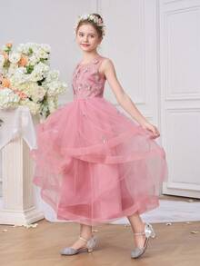 Tween Girls Elegant Floral Embroidery Pageant Wedding Prom Party Birthday Graduation Bridesmaid Cocktail Ruffle Mesh Princess Dress - Pink - View 8