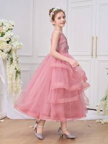 Tween Girls Elegant Floral Embroidery Pageant Wedding Prom Party Birthday Graduation Bridesmaid Cocktail Ruffle Mesh Princess Dress - Pink - View 9