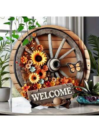 1pc 8in Farmhouse Style Welcome Wheel With Flowers And Butterflies - Round Metal Flat Printed Wall Hanging Sign, Suitable For Home, Porch, Entryway, Bathroom - Indoor/Outdoor Decor, Plaque, Wreath, Perfect Room Decoration, Random Hole Placement