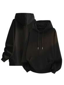Blueplus Men's Solid Hoodies - Casual Loose Fit Drawstring Hooded Sweatshirt With Side Pockets, 1pc Men's Casual Sportswear And Loungewear - Great Gift For Everyday Use - 黑色 - 查看 2