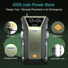 Multi-Functional Hand Crank Emergency Radio, Portable NOAA Weather Radio Solar Powered With Battery Backup,AM/FM,NOAA, SOS Alarm,4000mAh Rechargeable Battery Power Bank,3 LED Flashlight For Outdoor Hiking Camping Emergency