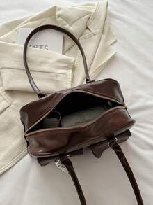 Bolso de mano tipo tote de gran capacidad en PU, minimalista y de moda para damas de oficina, con múltiples bolsillos, de unicolor y gran capacidad - Café - Ver 9