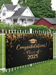 1pc Luxury Black & Gold 2025 Graduation Party Backdrop - High-End Sparkle Plaid Design, Modern Style Photo Background Hanging Cloth, Polyester Material, No Electricity Needed, Applicable For Photo Booth And Cake Table Decor, Indoor & Outdoor Use, Multiple Sizes Available, Graduation Ball Party, Party Decor, Home Decor