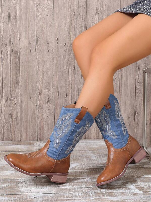Women's Brown And Blue Thick Heeled Mid-Tube Western Boots Spliced ​​Embroidered Contrasting Short Boots Square Toe Mid-Heeled Knight Boots Autumn And Winter New Women's Color-Blocking Horse Boots