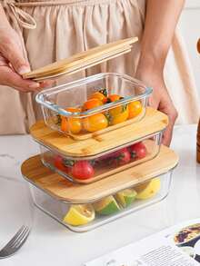 Kit 3 Glass Jars With Bamboo Lid Refrigerator Organizer Lunch Box Microwave And Freezer - 無色 - 查看 2