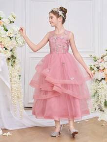 Tween Girls Elegant Floral Embroidery Pageant Wedding Prom Party Birthday Graduation Bridesmaid Cocktail Ruffle Mesh Princess Dress - Pink - View 5