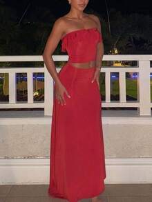 女士优雅纯色荷叶边抹胸裙休闲性感度假夏季派对街头装两件套