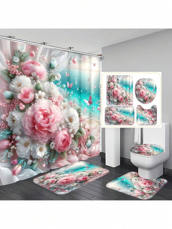 1pc/4pcs Beach Floral And Butterfly Bathroom Curtain Set, Heart/Ocean Theme Romantic Bathroom Set Includes 12 Hooks, Bath Mat, U-Shaped Toilet Mat, Toilet Lid Cover, Bathroom Divider, Bathroom Accessories, Bathroom Decor Back To School